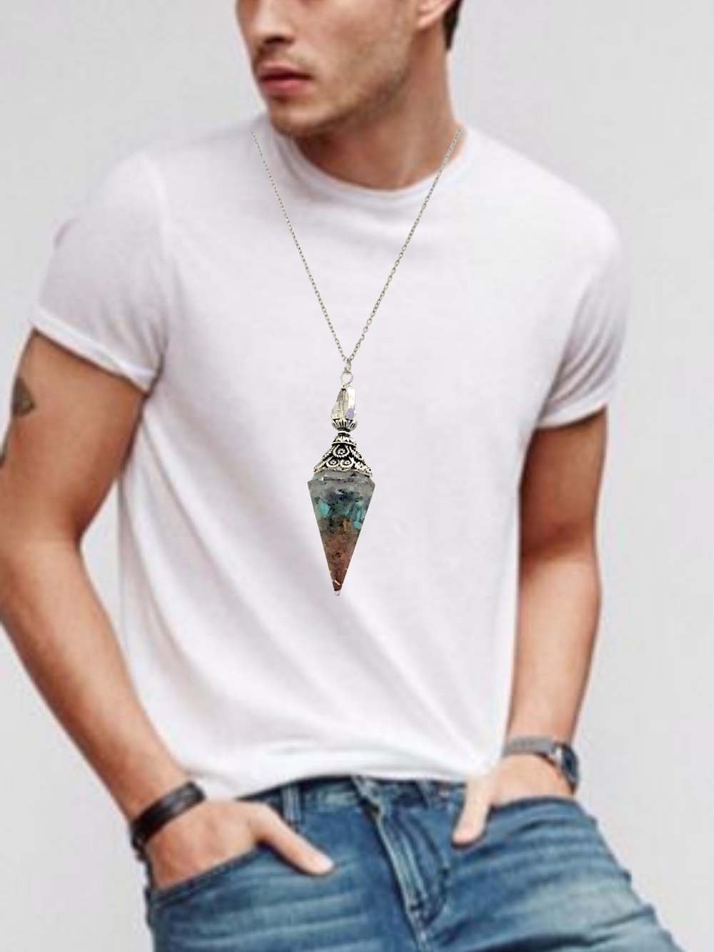 Multicolor Crystal Point Pendant w/ Iridescent Blue-Green & Stainless Steel Chai